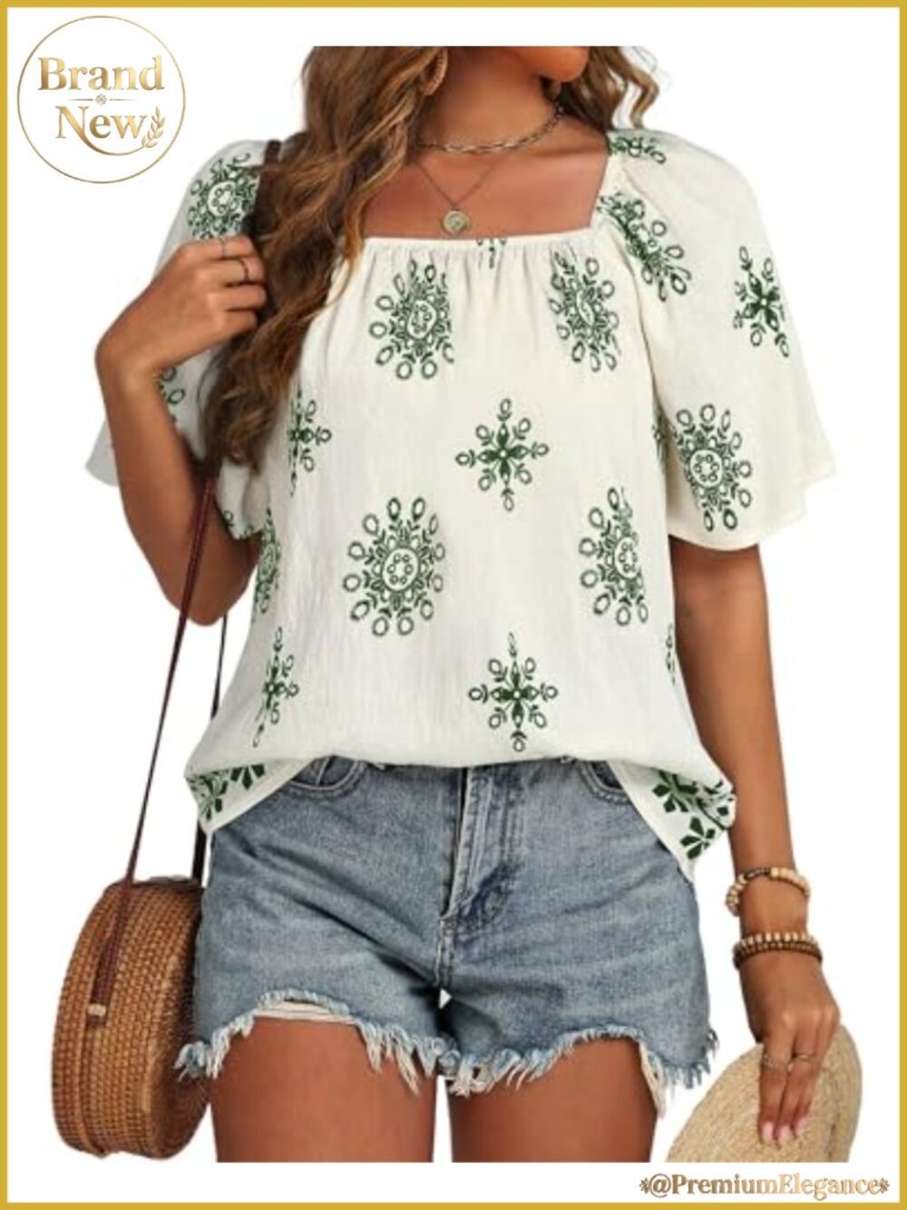 Women Square Neck Floral Boho Tunic Top Rayon Blend Lightweight Short Sleeve